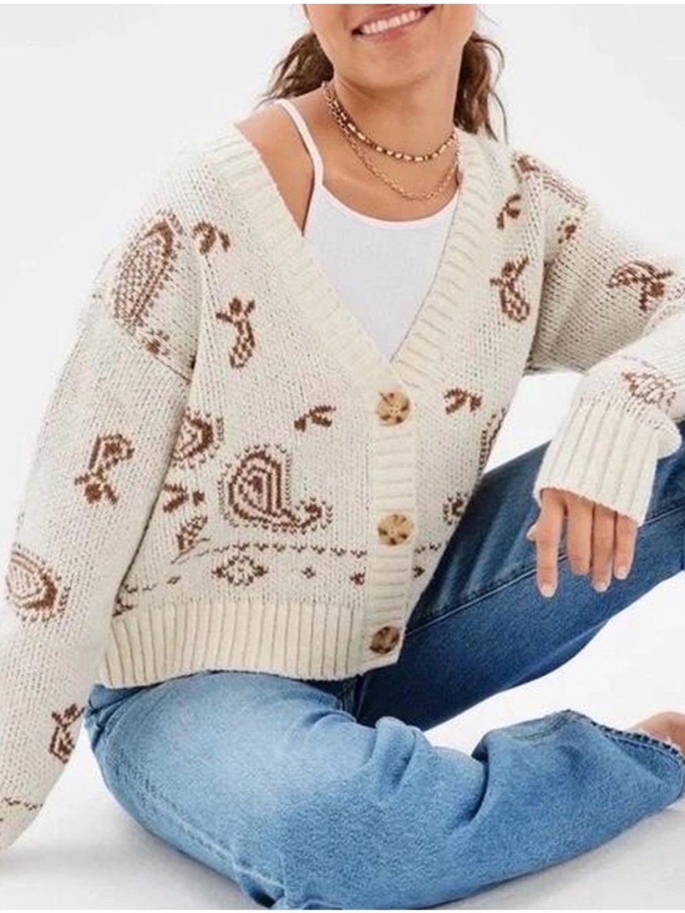 American Eagle Outfitters Cream and Brown Paisley Knit Cardigan